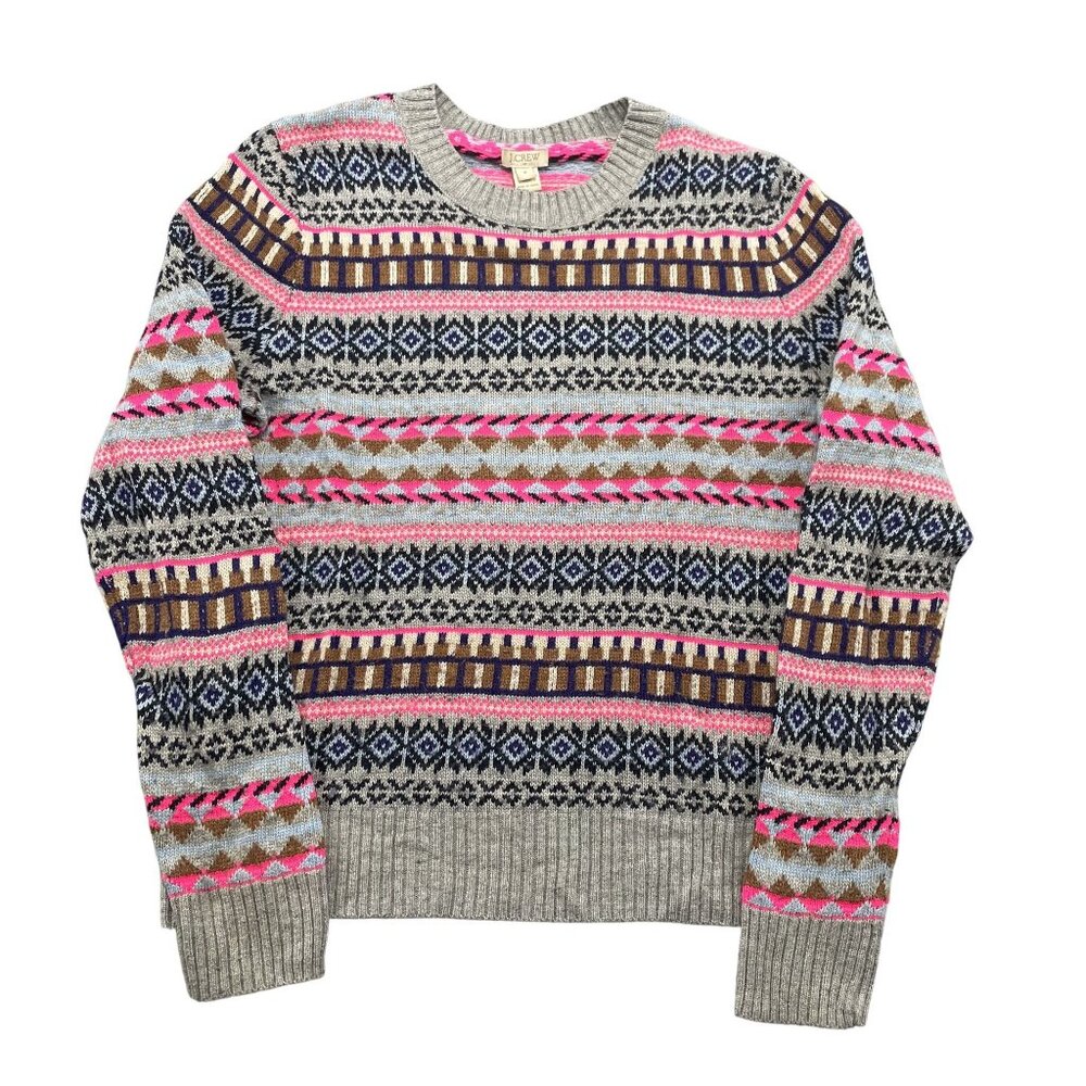 J.Crew Fair Isle Sweater Womens Medium Grey‎ Merino Wool Blend Crewneck